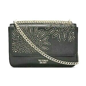 Victoria's Secret Shoulder Bag Bond Street Laser Cut Studs Black Gold Chain New
